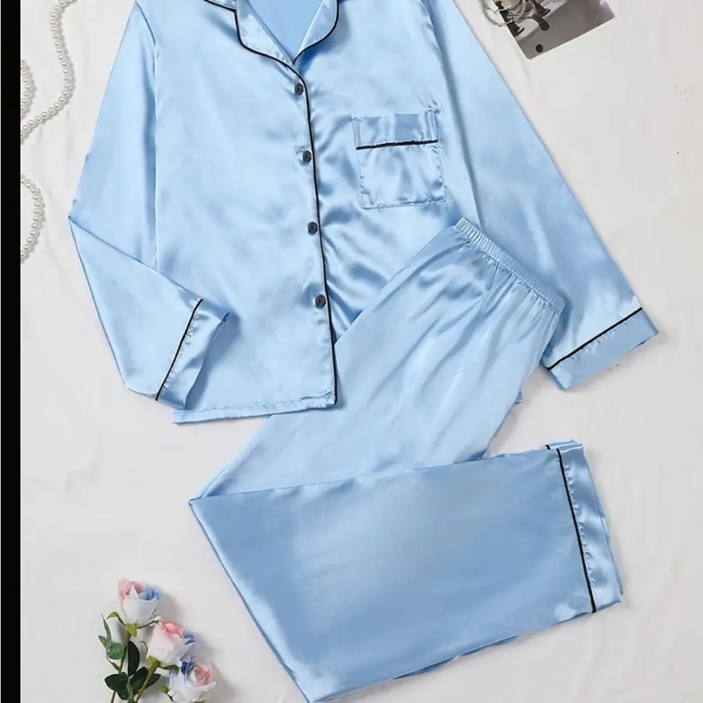 Silk Satin Pajama Set - Light Blue